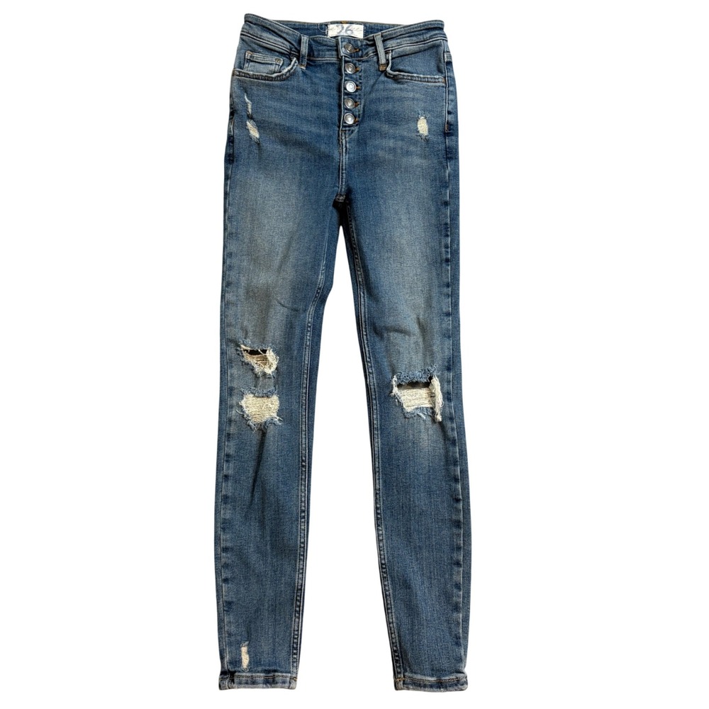 Free People High Rise Distressed Button Fly Skinny Jeans Blue Size 26 Stretch